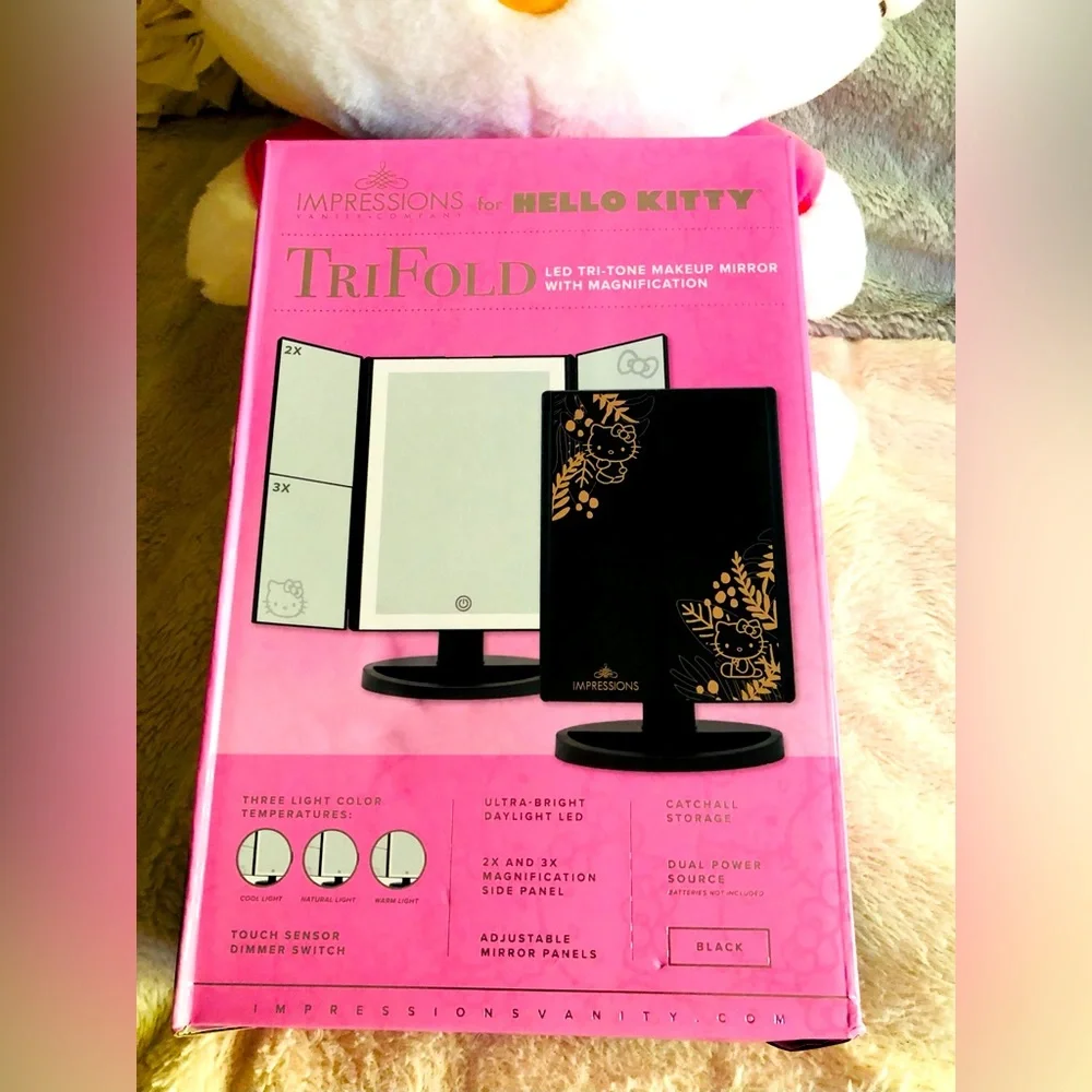 Hello Kitty Impressions Black Tri Fold Vanity Mirror LED Magnification NEW